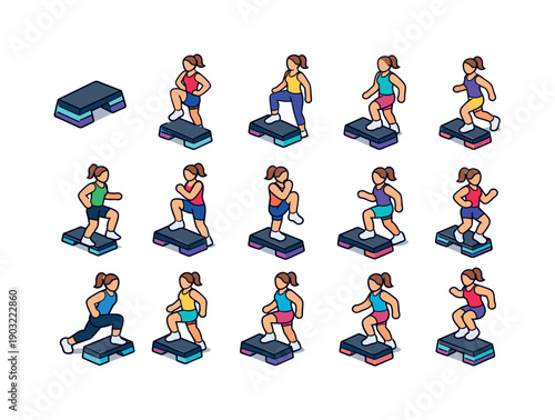 Step Aerobics. Colorful isometric vector icons set of Step Aerobics: step platform, knee lift, side step, basic step, corner step, repeater