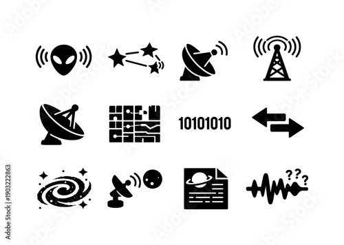 interstellar messaging. Solid icon set of interstellar messaging: alien signal symbol, star to star link, message beam, cosmic antenna, deep