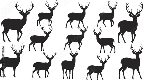 Deer silhouettes vector set, black stag buck wildlife animals isolated white background forest mammal nature flat design illustration