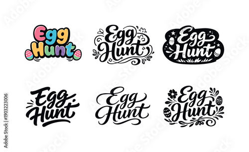 Egg hunt holiday text. Set lettering. harmonious lettering variations of the same emblematic concept, each with different artistic