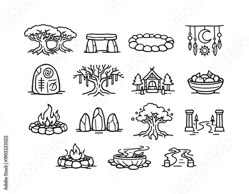 Sacred grove. Line icon set of Sacred grove: ancient trees, stone altar, ritual circle, hanging talisman, carved stone, tree with ribbons,