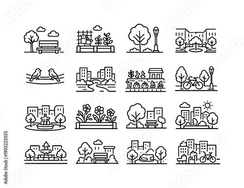 Urban Nature Icons. Nature in the City. Line icon set of Nature in the City: city park bench, urban garden, street tree, green courtyard, birds on wires, river