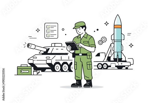 Military hardware maintenance. A technician calmly inspecting equipment with a tablet, focused and methodical work. The