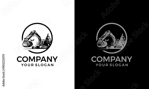 Silhouette of excavator and pine tree