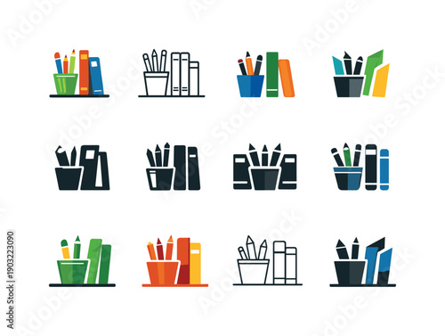 Study materials and books on desks. Icon set. Set Logo of study materials and books on desks: pencil holder with books. harmonious logo