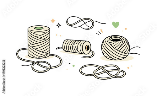 Natural twine rope. Twine spools and loose loops arranged in a balanced layout, emphasizing natural material qualities and rhythmic form.