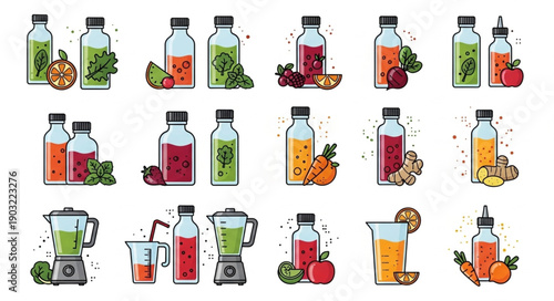 Collection of fresh fruit and vegetable juices in bottles.
