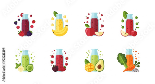 Collection of Fresh Fruit and Vegetable Juices in Bottles.