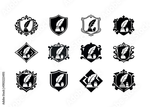 Classical art and the Renaissance period. Icon set. Set Logo of Classical art and the Renaissance period: Renaissance frame and quill.