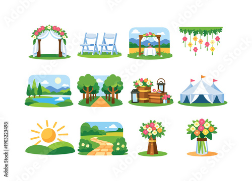 Outdoor Wedding Icons. Outdoor wedding. Colorful flat vector icons set of outdoor wedding: garden arch, lawn chairs, meadow flowers, open field altar, hanging