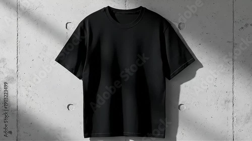 Minimal Black T-Shirt Mockup on Concrete Wall with Soft Natural Shadows, Modern Apparel Presentation