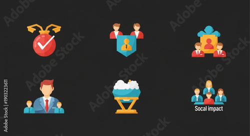 Collection of flat design icons representing business and social concepts.