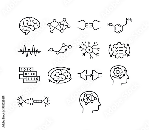 Neuroscience of habits. Line icon set of Neuroscience of habits: human brain outline, neural connections, synapse signal, dopamine molecule,