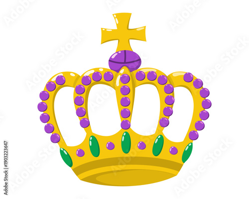 Mardi Gras king carnival crown with cross and jewels in purple, green and gold colors. Royal imperial crown vector illustration isolated
