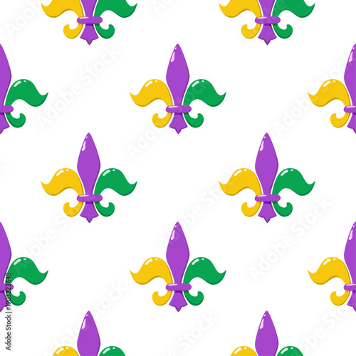 Mardi Gras seamless pattern with fleur de lis in traditional purple, green and gold colors. Repeating vector background.