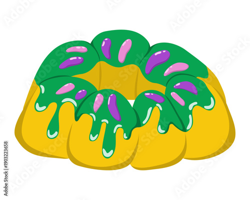 Mardi Gras king cake with colorful glaze and sprinkles in traditional purple, green and gold colors. New Orleans festive dessert illustration