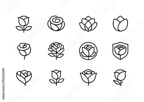 Minimal Rose Symbol. Line icon set of Minimal Rose Symbol: simple rose outline, abstract rose, geometric flower, minimal petal icon, single