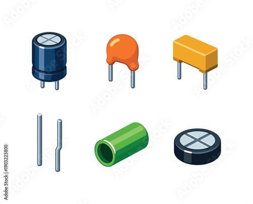 Capacitor details. Isometric flat vector icons set of capacitor details: aluminum can capacitor, epoxy-coated capacitor, molded capacitor