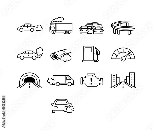 Vehicle Emission Surge. Line icon set of Vehicle Emission Surge: car exhaust smoke, diesel truck, traffic congestion, highway overpass,