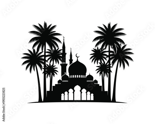 Mosque with palm trees vector silhouette illustration design set collection, mosque with palm trees silhouette, mosque with tropical palms vector, islamic mosque with palms illustration, mosque dome 