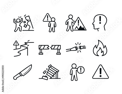 Personal Safety Risk. Line icon set of Personal Safety Risk: unsafe situation, alert person, danger proximity, risk awareness head, unsafe