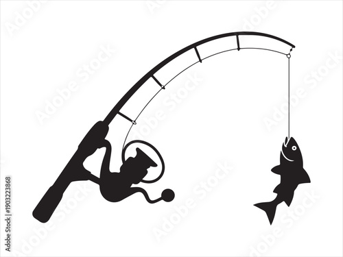 Silhouette of fishing rod with fish hanging on the hook, vector illustration of a fishing rod with a hooked fish silhouette 