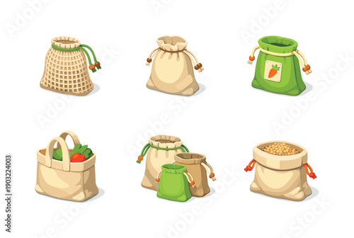 Reusable Bag Icons. Cloth produce bags. Isometric flat vector icons set of cloth produce bags: reusable drawstring net, canvas produce pouch, veggie bag with