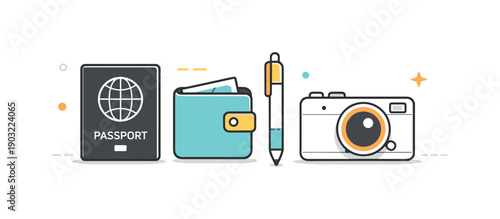 Minimal Travel Essentials. Minimal travel set. Passport, wallet, pen, and compact camera aligned in a neat row with plenty of white space around them. Light,