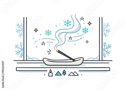 Snowy Incense Serenity. Snowy incense ritual. A burning incense stick in a ceramic holder on a windowsill with frosty patterns and floating scent lines