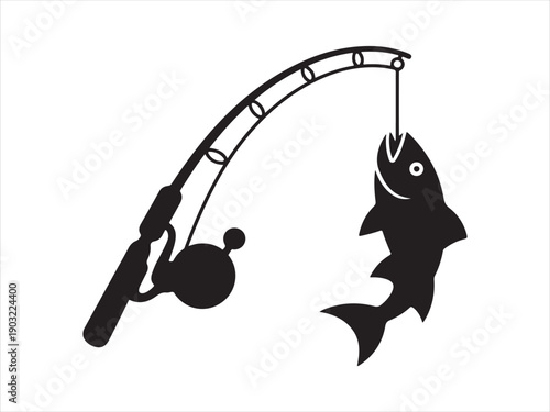 Fishing Rod with Hanging Fish Silhouette Vector a White Background