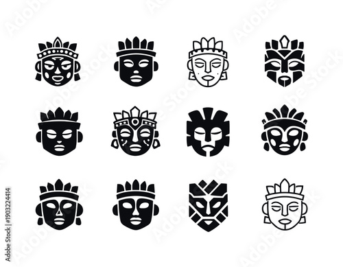 Cultural tourism in isolated communities. Icon set. Set Logo of Cultural tourism in isolated communities: cultural mask artifact. harmonious