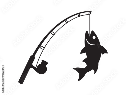 Fishing Rod with Hanging Fish Silhouette Vector a White Background