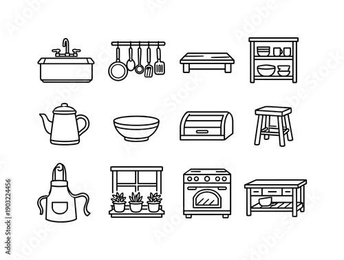 Country kitchen interior. Line icon set of country kitchen interior: farmhouse sink, hanging pots rack, wooden countertop, open cabinet,