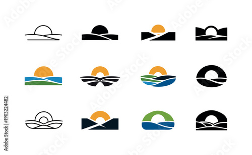 open space. Icon set. Set Logo of open space: wide horizon minimal landscape. harmonious logo variations of the same emblematic concept, each