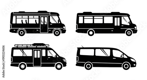 Collection of four different black silhouette vans and buses.