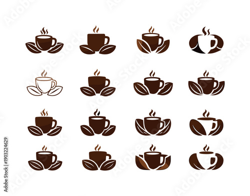 Drinking hot chocolate. Icon set. Set Logo of Drinking hot chocolate: cocoa beans and mug icon. harmonious logo variations of the same