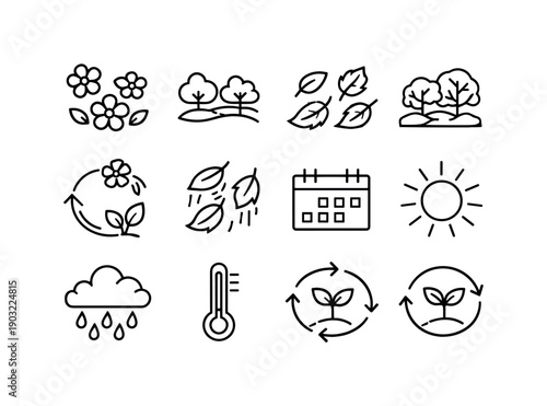 Seasonal garden. Line icon set of seasonal garden: spring blossoms, summer greenery, autumn leaves, winter garden, blooming cycle, falling