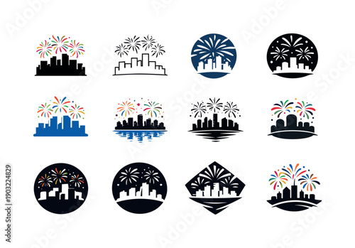Firework Festival Icons. firework festivals. Icon set. Set Logo of firework festivals: firework over skyline. harmonious logo variations of the same emblematic