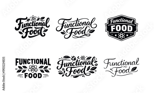 Functional food. Set lettering. harmonious lettering variations of the same emblematic concept, each with different artistic interpretation