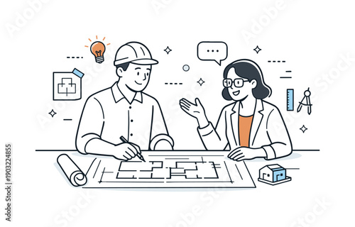 Architectural blueprints collaboration. Two professionals discussing blueprints, exchanging ideas and pointing at plans on the table. The