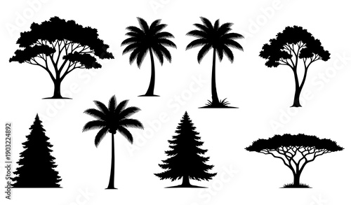 Diverse climate tree silhouettes vector set including tropical, alpine, and savanna trees