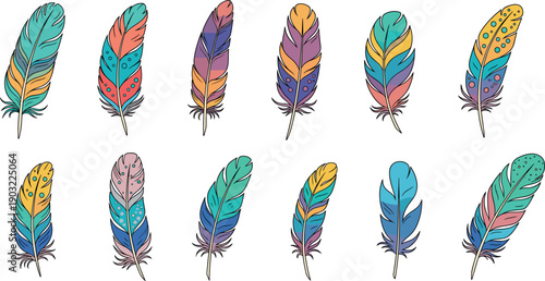 Colorful Decorative Feather Collection with Hand Drawn Boho Tribal Style Elements for Fashion Branding Stickers and Creative Design