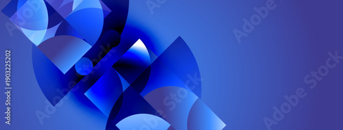 Abstract blue shapes overlap, creating dynamic composition. Gradient hues suggest depth, light interplay. Modern design element.