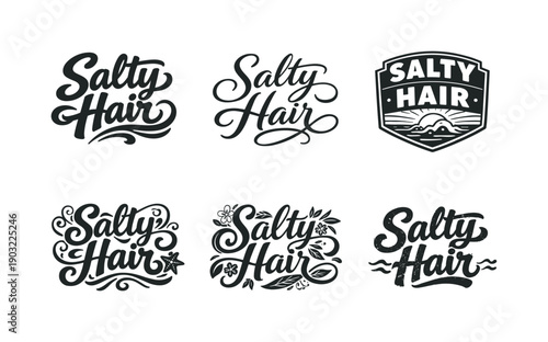 Harmonious Lettering Grid. Salty hair. Set lettering. harmonious lettering variations of the same emblematic concept, each with different artistic