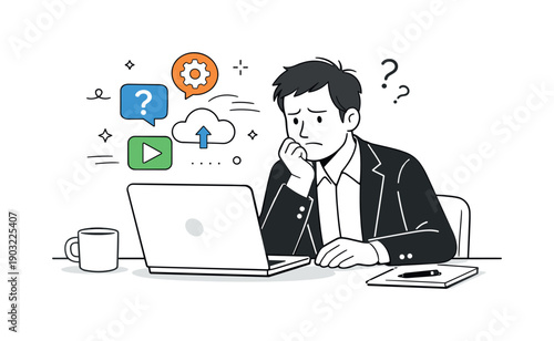 Digital skills insecurity. An adult professional sitting at a desk with a laptop, looking uncertain at unfamiliar digital icons on the