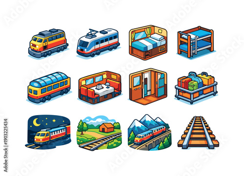 Long distance trains. Colorful isometric vector icons set of Long distance trains: diesel locomotive, electric train, sleeper
