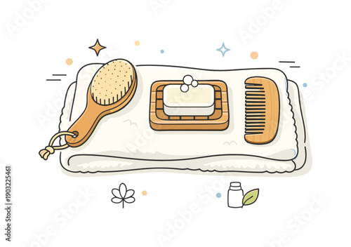 Bamboo Bath Essentials. Wooden bath set flatlay. Neatly arranged bamboo brush, soap dish, and comb on a soft towel with light shadows and abstract decorative