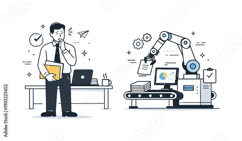 Workplace Automation Tension. Fear of automation at work. An editorial-style scene of an employee standing beside automated systems that mirror their tasks.