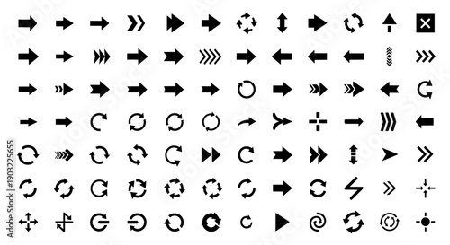 A collection of various black arrows and symbols on a white background
