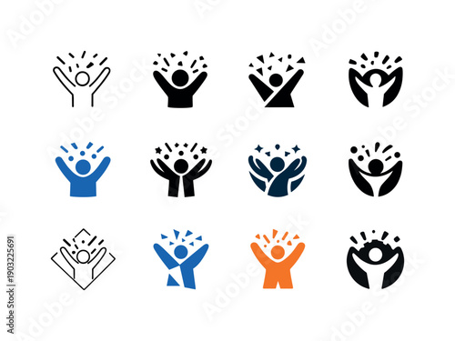 People celebrating. Icon set. Set Logo of people celebrating: person throwing confetti. harmonious logo variations of the same emblematic